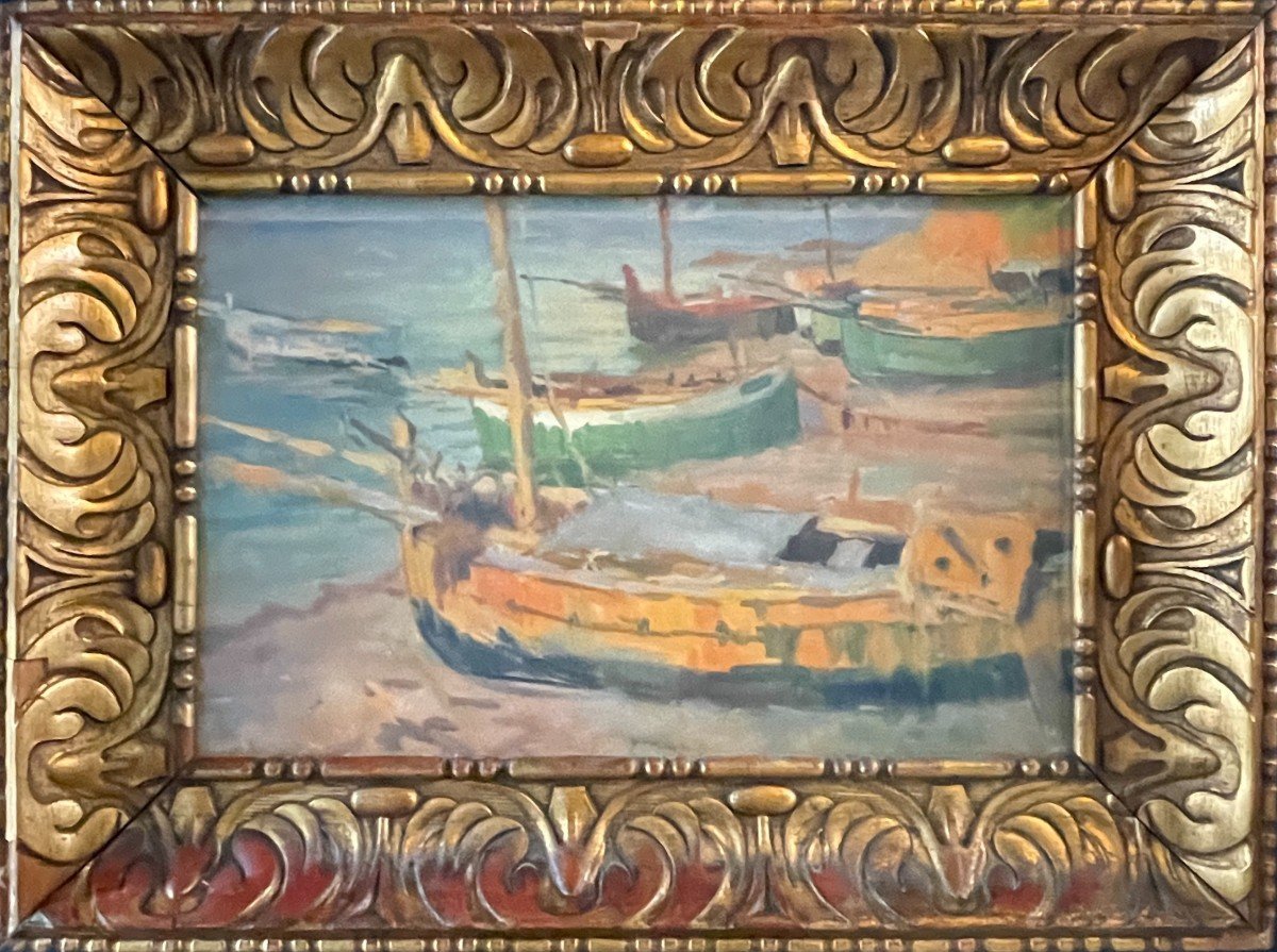 JULES VAN DE LEENE, Tableau " Barques échouées ", Gouache sur carton, ca 1920